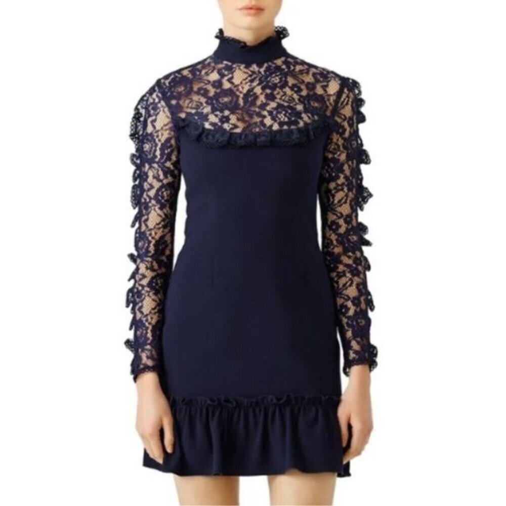 Nicholas Navy Lace Insert Long Sleeve Mini Dress Size 8